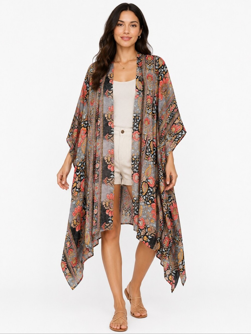 Boho Floral Paisley Kimono Duster Open Front Handkerchief Hem Oversized OSFM